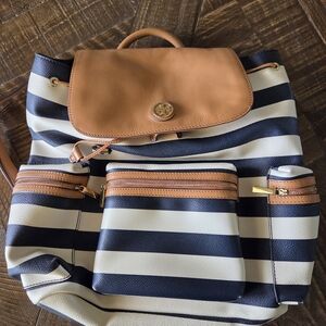 Tory Burch Navy and Tan Striped Backpack